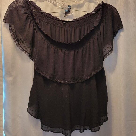 Torrid Black Sheer Swiss Dot Off-Shoulder Top With Lace Trim Size 6 - Picture 1 of 5